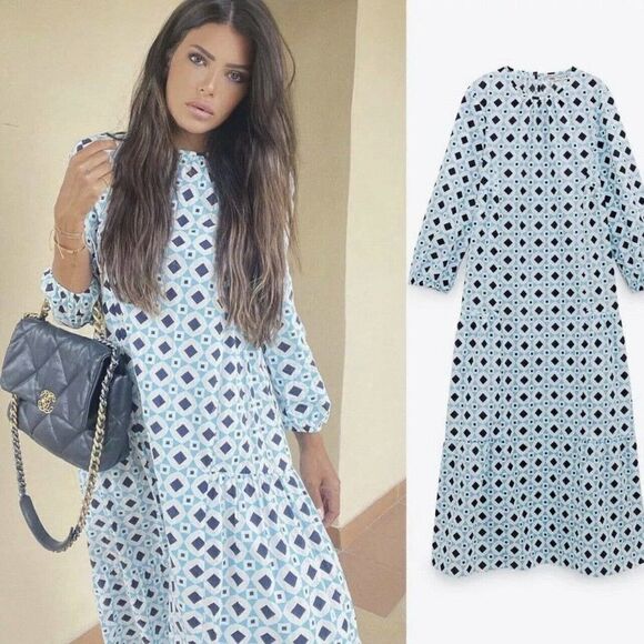 ZARA Print Dress Blue Geometry Print Long Sleeves - Picture 2 of 13